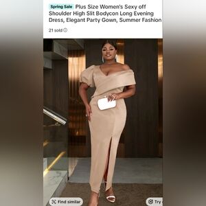 Off-Shoulder High Slit Bodycon Dress in Tan